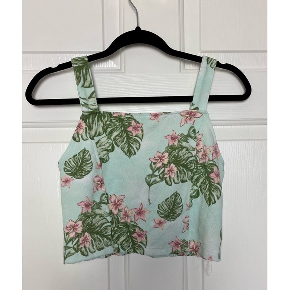 Planet Gold Aqua Floral Print Crop Top - Picture 1 of 3